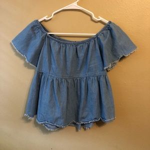 Women’s Off-Shoulder Jean Fringe Crop Top